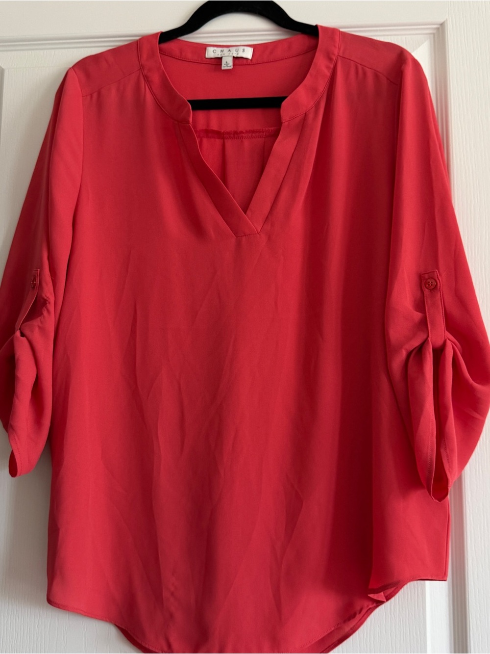 Chaus Coral Red V-Neck Roll-Tab Sleeve Blouse